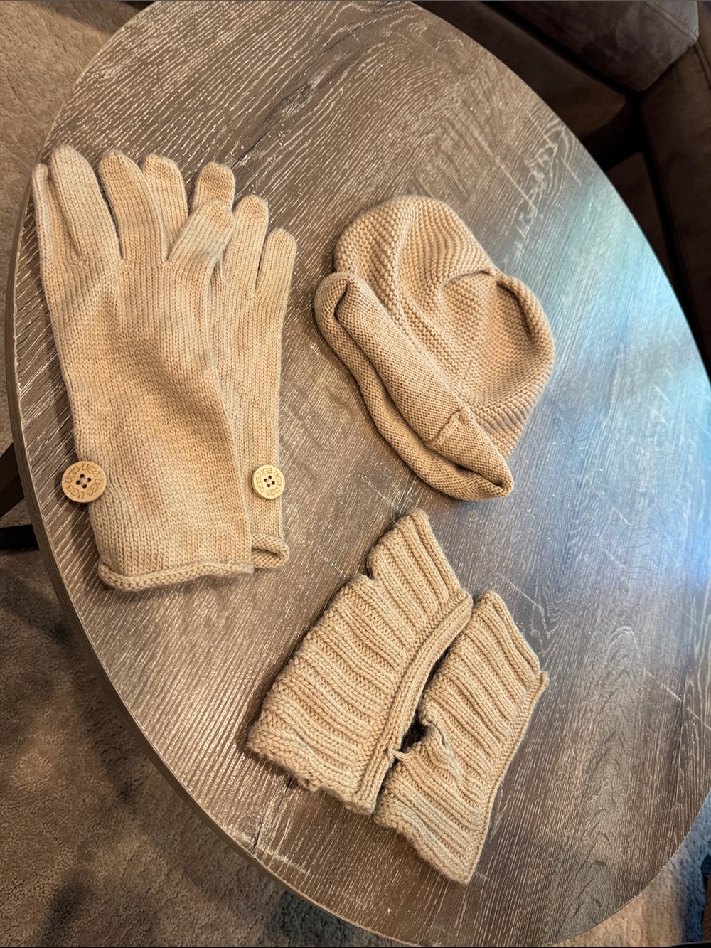 UGG Beige Knit Hat, Gloves & Wrist Warmers Set